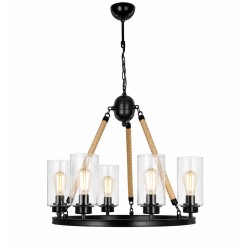 Corp de iluminat Lotus cu 5 becuri din metal de culoare neagra acoperit cu franghie