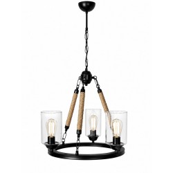 Corp de iluminat Lotus cu 3 becuri din metal de culoare neagra acoperit cu funie